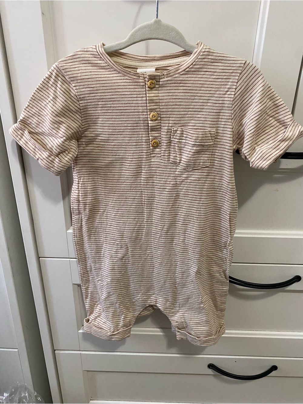 H&M Cream and Light Brown Striped Henley Baby Romper